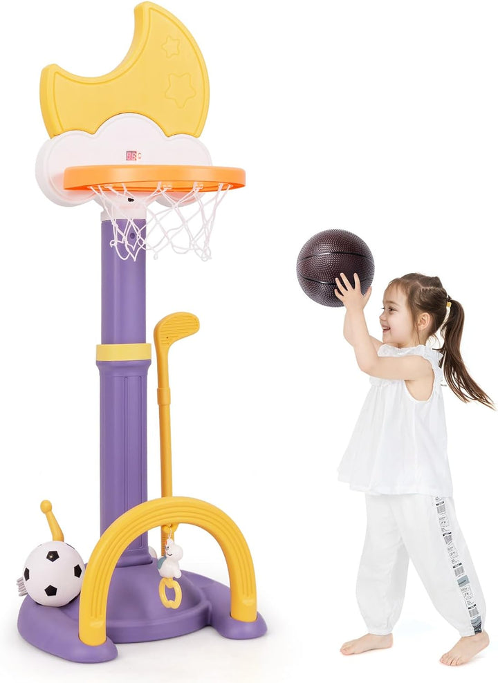COSTWAY 4 in 1 Kinder Basketballkorb Set, Basketballständer höhenverstellbar mit Basketball & Fussba