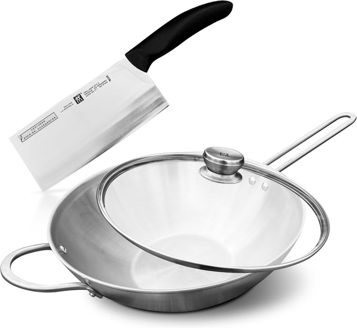 Zwilling TwinNova3 Wok pfanne Induktion 30 cm mit Glasdeckel + Chinesisches Kochmesser 18cm, 3 tlg,