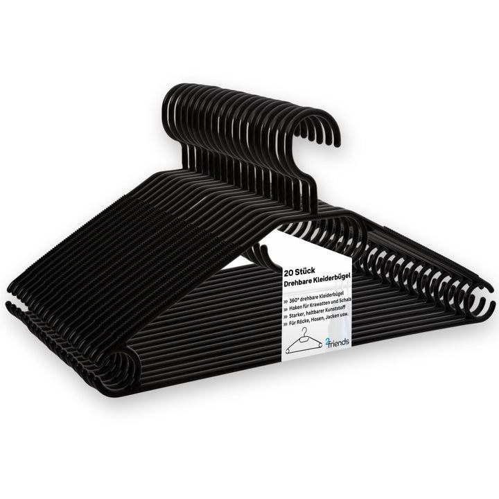 20 Kleiderbügel schwarz mit drehbaren Haken, Kleider Bügel, Kleiderbügel platzsparend aus Kunststoff