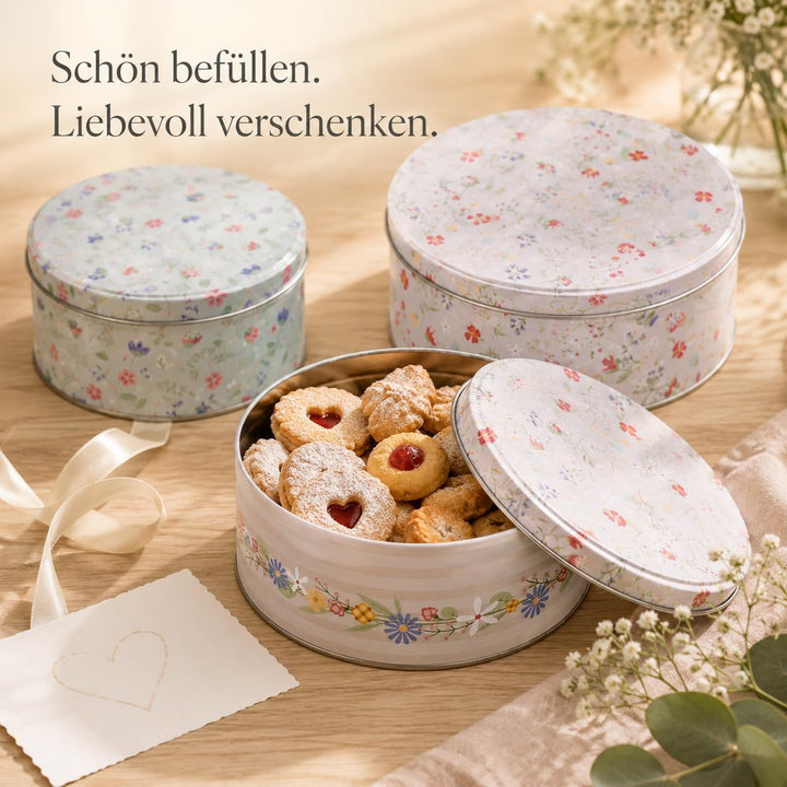 MIJOMA Keksdosen-Set – 3er-Set Metalldosen mit Deckel – Motiv Flowers | runde Dosen mit Motiv – stap