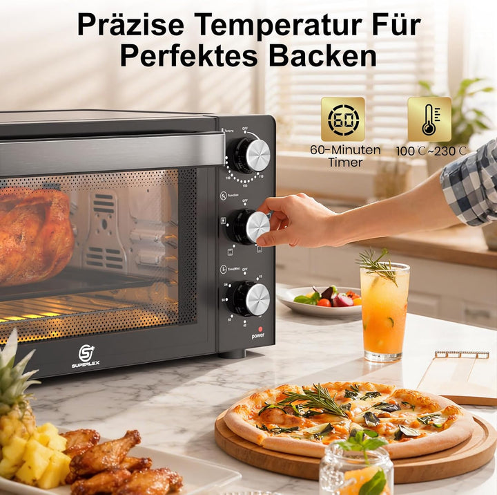 SUPERLEX Mini Backofen 21L Mit Umluft 1200W Ofen Klein 70°C-230°C Tischbackofen 6 Heizmodi 60 Min Ti