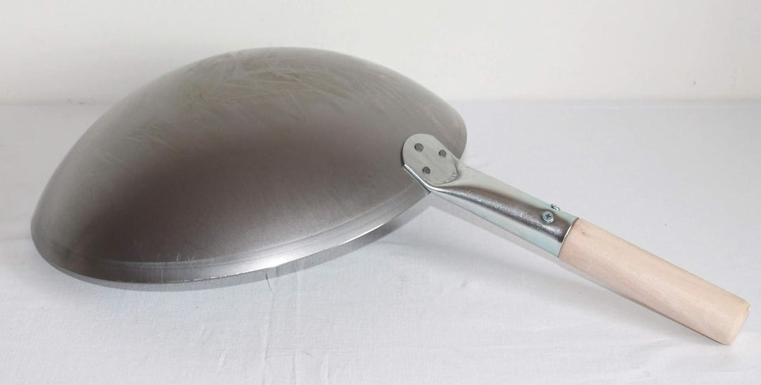 Wok Pfanne runder Boden Ø 34 cm aus Carbon Stahl für Gasherd mit Holzgriff
