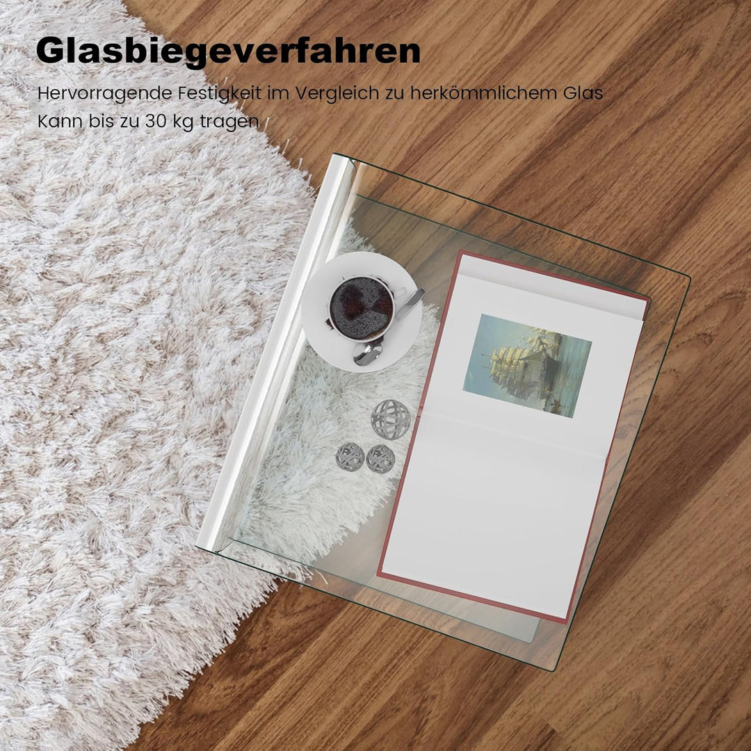 COSTWAY Beistelltisch Glas, Nachttisch U-förmig, transparenter Glastisch quadratisch, Wohnzimmertisc