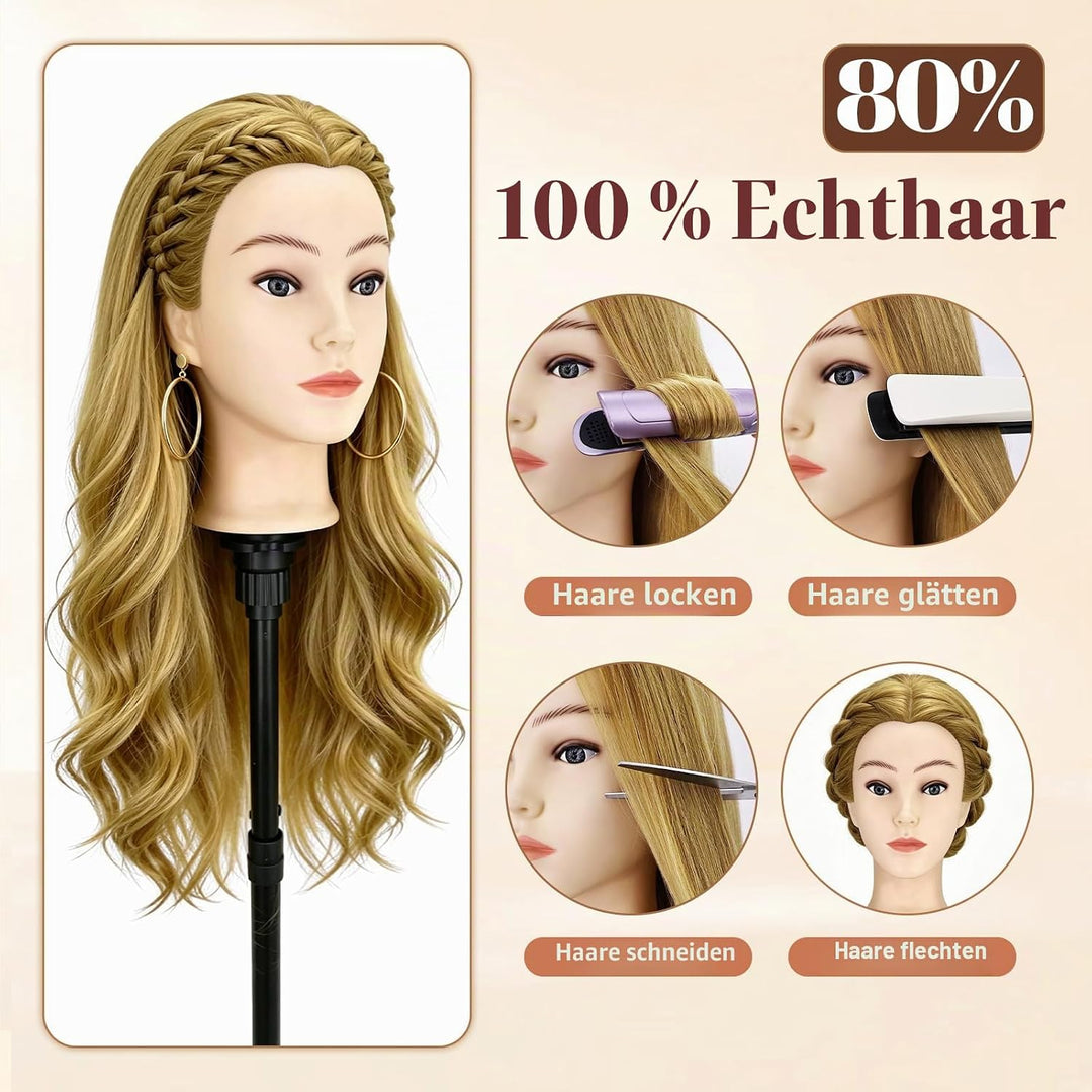 Yofuly 24Zoll / 61cm Frisierkopf mit Ohrlöchern, 80% Echthaar Übungskopf, Frisieren Trainingsköpfe P
