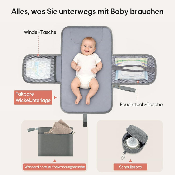 RAINSMORE Wickelrucksack Gross Baby Wickeltasche mit Wickelunterlage Grau | Wasserdichte Wickeltasch