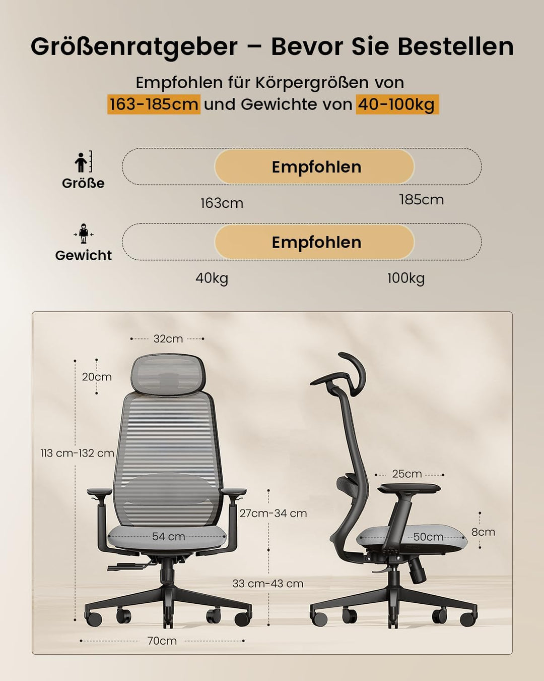 ProtoArc EC200 Bürostuhl Ergonomisch, Schreibtischstuhl mit Höhen- und Tiefenverstellbarer Lendenwir