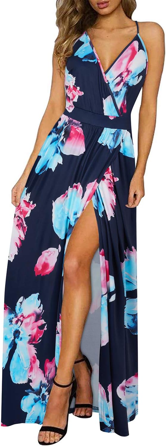 OUGES Damen Sommerkleid V-Ausschnitt Maxikleid Rückenfreies High Waist Spaghetti Strap Freizeitkleid