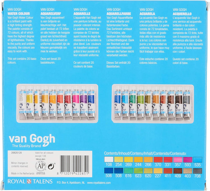 Royal Talens, Van Gogh Watercolour, General Selection, 10ml Tubes, Set of 20 Colors (20820120)