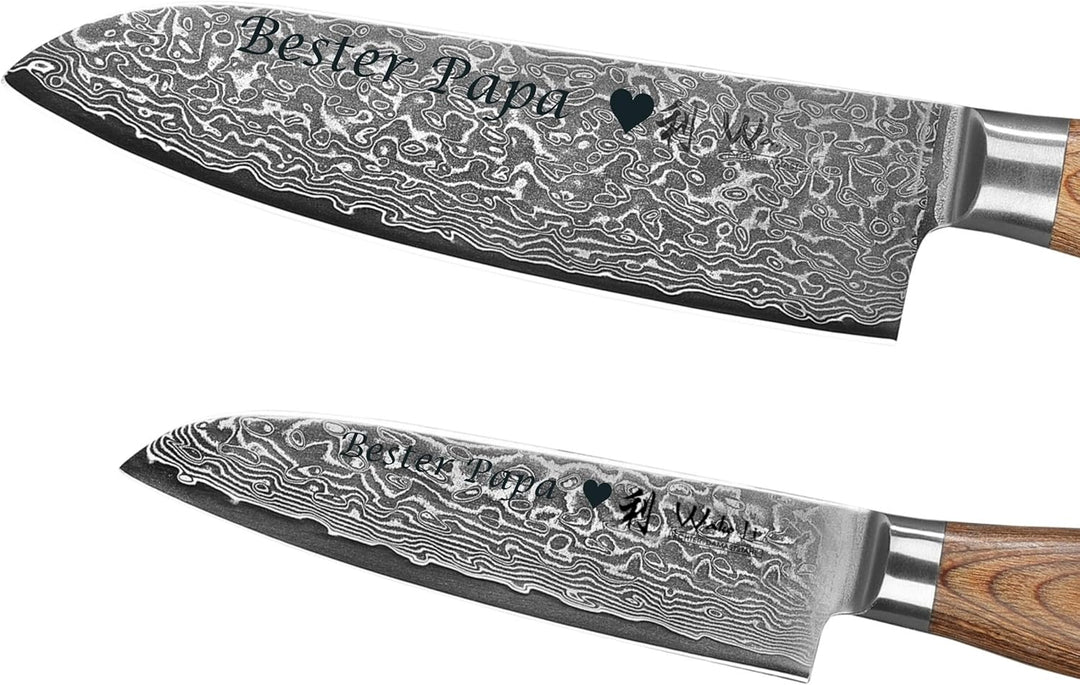 Wakoli EDIB Pro Damastmesser Set mit Gravur – Personalisiertes 2er Santoku Messerset, 16cm & 11cm Kl