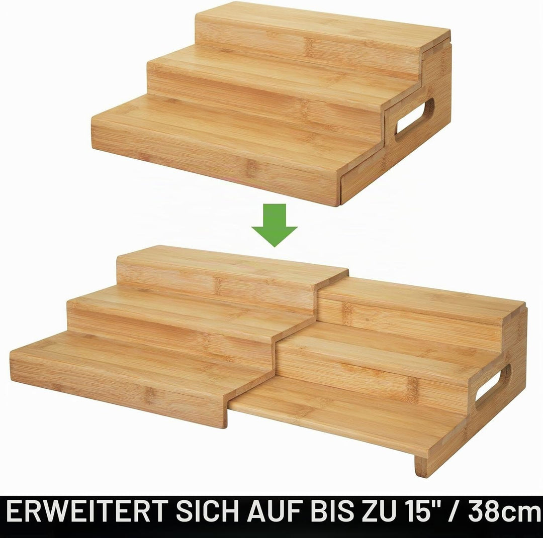 mDesign Gewürzregal für Küchenschrank – ausziehbare Aufbewahrungsmöglichkeit mit DREI Ebenen aus Hol