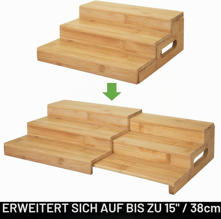 mDesign Gewürzregal für Küchenschrank – ausziehbare Aufbewahrungsmöglichkeit mit DREI Ebenen aus Hol