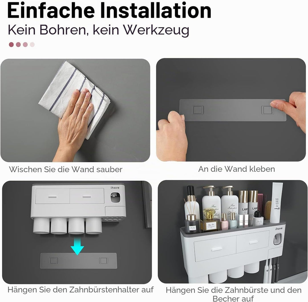 iHave Zahnbürstenhalter mit Zahnpastaspender, 4 Becher Zahnbürstenhalter Wand - Tablett mit grosser