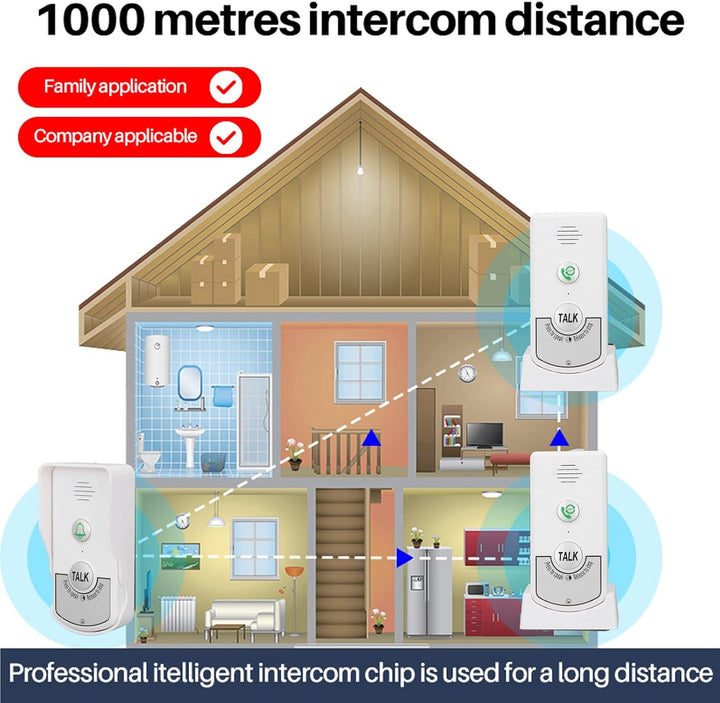 Drahtlose Intercom-Türklingel, 2-Wege-Gegensprechanlage, ABS-Material, 1000m Reichweite, Wasserdicht