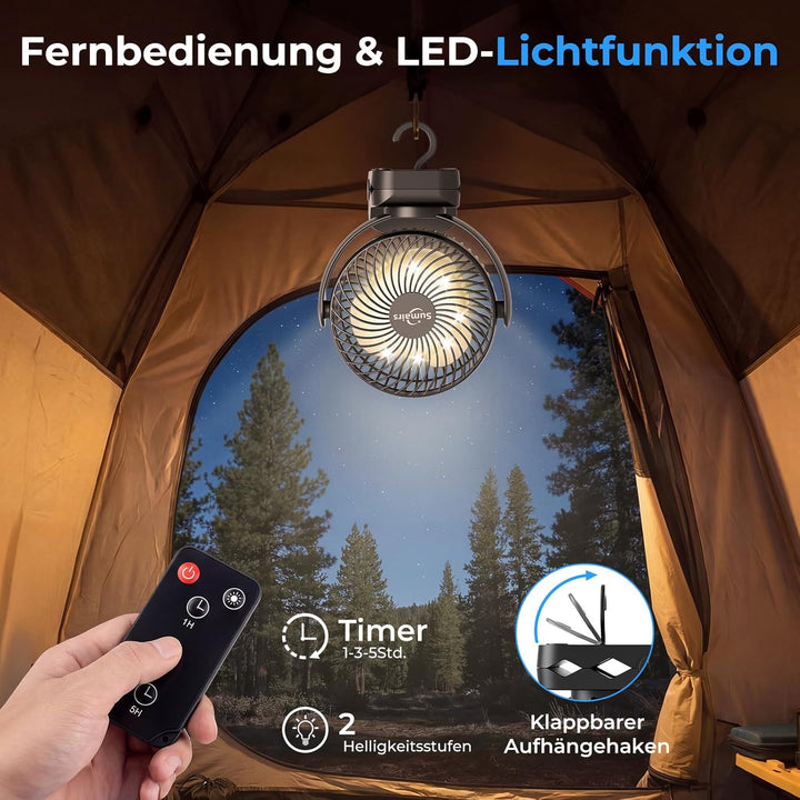 Sumairs 14cm Akku Ventilator,10000mAh Camping Ventilator zum Klemmen,Fernbedienung,LED-Licht,Powerba