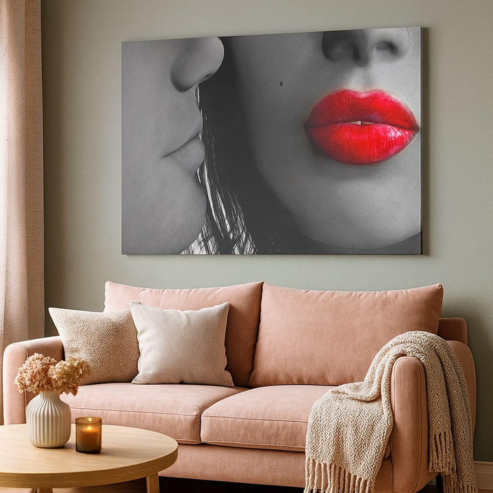 Bilder auf Leinwand 100x70cm Leinwandbild Rote Lippen dunkles Haar Modell Liebe Gross Wanddeko Bild