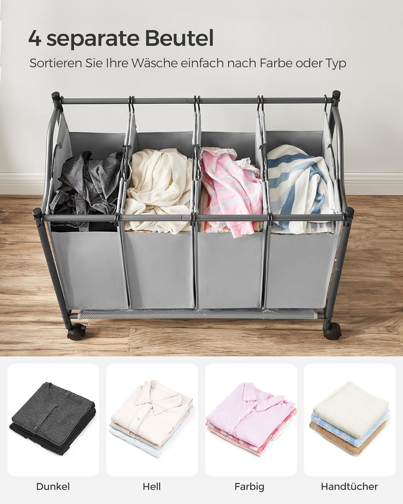 SONGMICS Wäschekorb, Wäschesammler, Wäschesortierer mit 4 abnehmbaren Stofftaschen, Rollen, Aufbewah