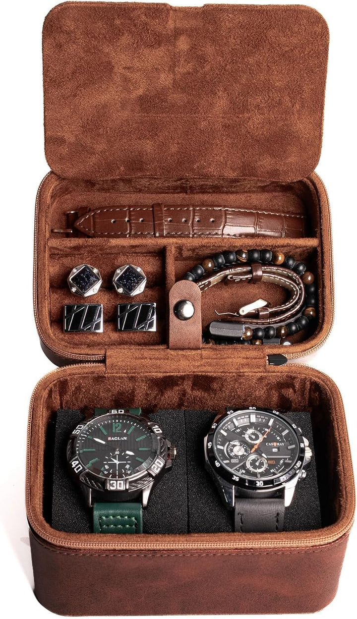 AUKURA Leder-Uhrenetui, Schmuck-Organizer für Reisen und Aufbewahrung, 2-lagiger Organizer (2 Fächer