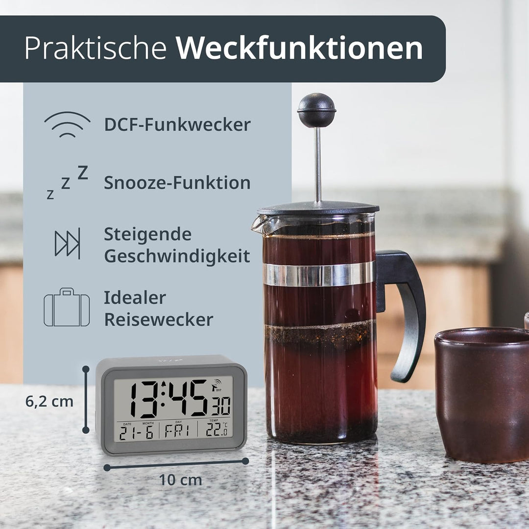 ADE Digitaler Funkwecker mit Licht | Temperaturanzeige und Kalender | kompakter Reisewecker | hübsch