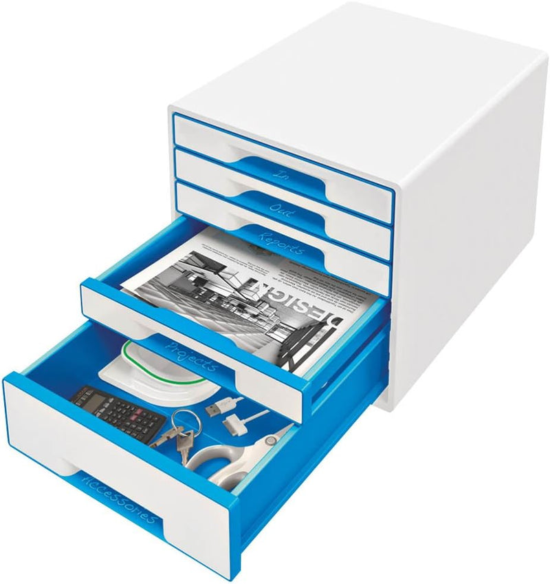 Leitz 52141036 Wow Cube Schubladenbox (Polystyrol) 5 Schubladen perlweiss/blau Weiss/Blau Metallic S