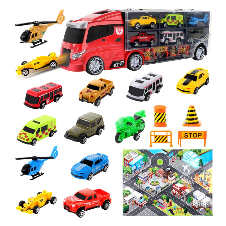 deAO Transporter-LKW-Tragetasche für Autos Spielset-Träger mit insgesamt 12 verschiedenen Fahrzeugen