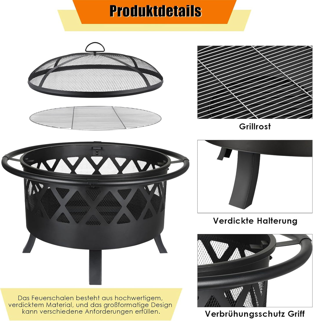 Feuerschale, Feuerschalen für den Garten, Ø 81cm Feuerschale mit funkenschutz und Schürhaken, Feuerk