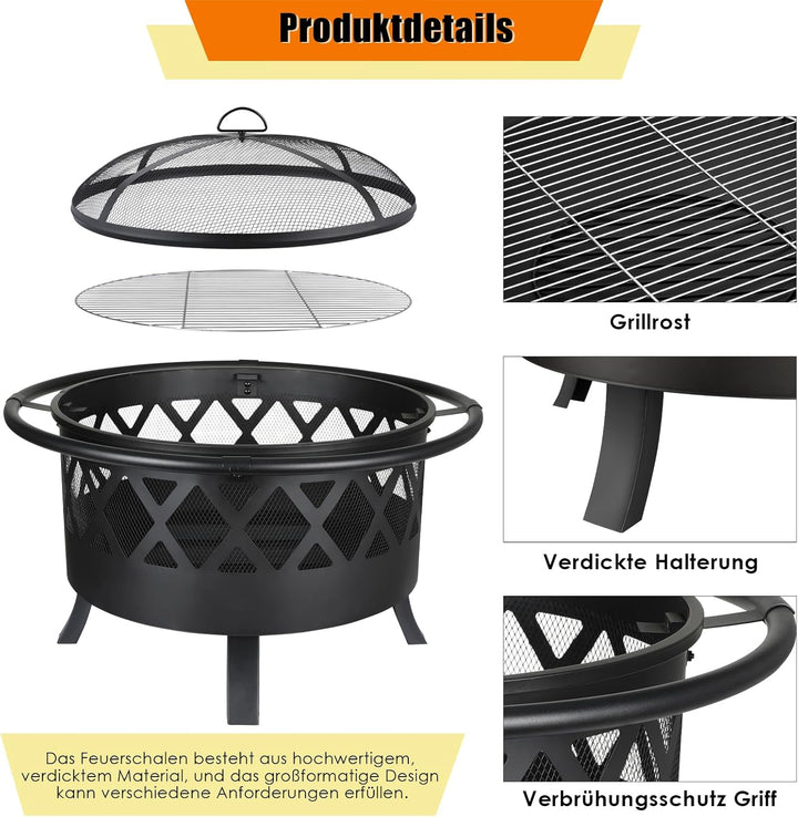 Feuerschale, Feuerschalen für den Garten, Ø 81cm Feuerschale mit funkenschutz und Schürhaken, Feuerk
