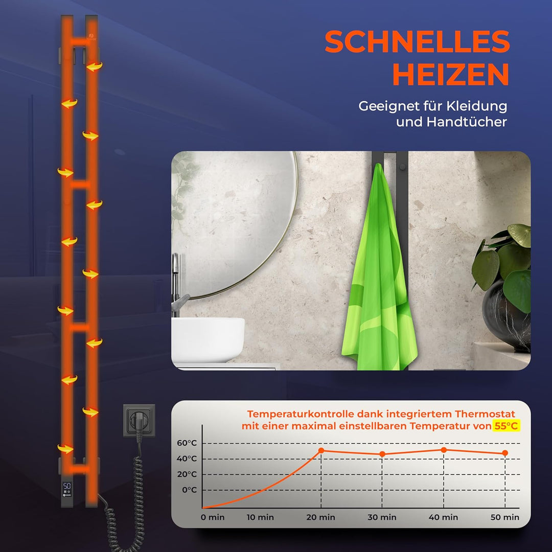 NAVIN Elektrischer Handtuchtrockner Silouette Quadro 90x1200 mit Sensorsteuerung - Schwarz aus hochw