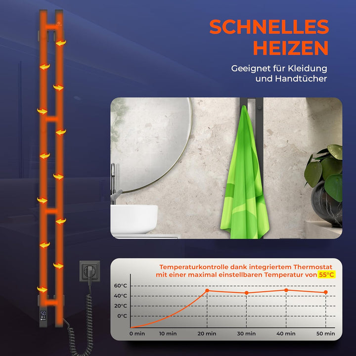 NAVIN Elektrischer Handtuchtrockner Silouette Quadro 90x1200 mit Sensorsteuerung - Schwarz aus hochw