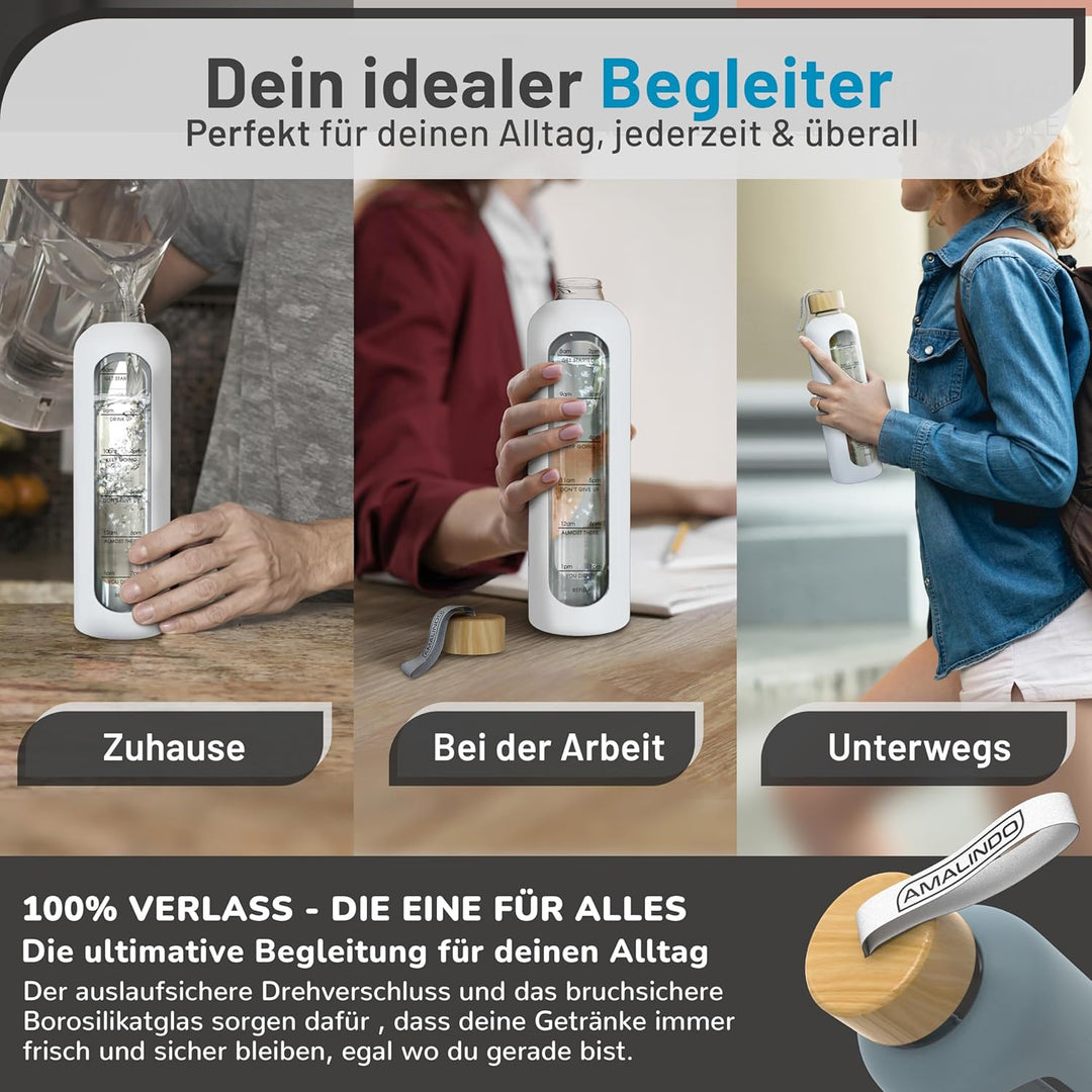 Trinkflasche 1l Glas, Wasserflasche 1l, Glasflasche 1 Liter, Trinkflasche-Glas-1l, Water Bottle (Bor
