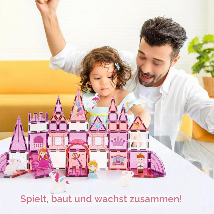 Magnetische Fliesen Set, 3D Märchen-Schloss in Pink, Magnetkacheln für Kinder ab 3 Jahren, STEM Baus