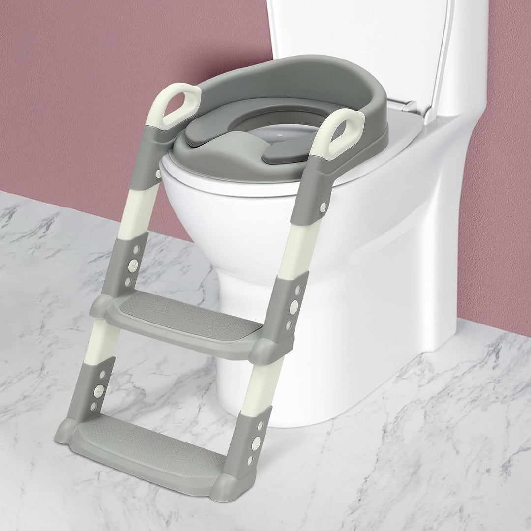 Toilettensitz Kinder mit Treppe, 2 in 1 Toilettenaufsatz Kinder mit PU-Sitzkissen, Verstellbar Toile
