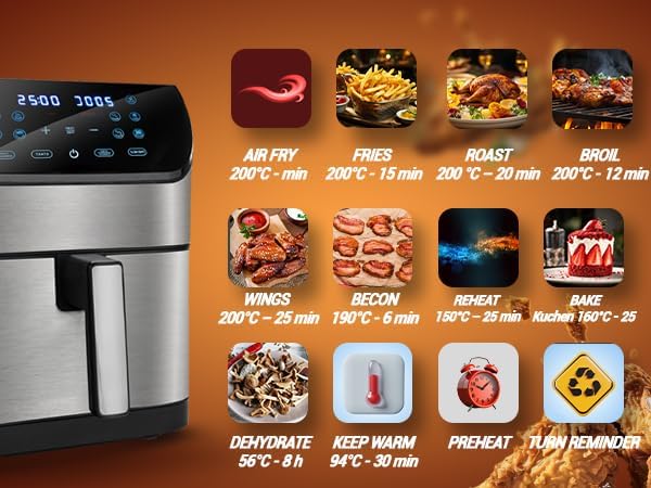 Lehmann Friteuse Heissluft XXL 1800 W, Heissluftfritteuse 8L mit bis zu 10 Programmen, Air Fryer mit