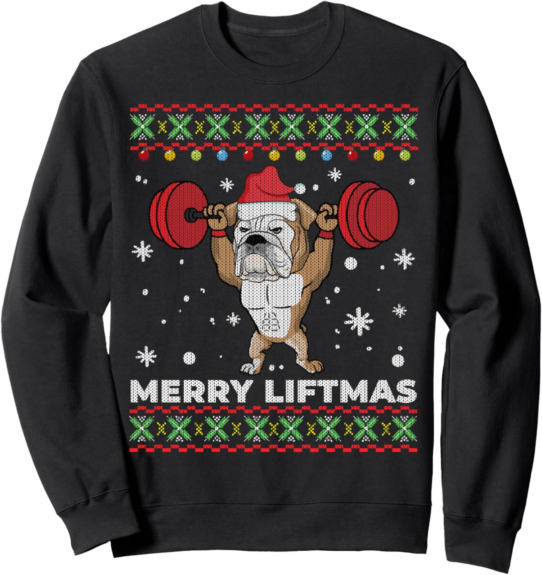 Merry Liftmas Weightlifting and English Bulldog Ugly Sweater Sweatshirt