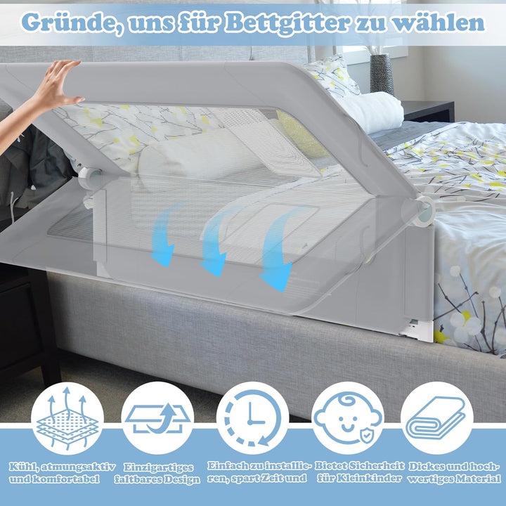 UISEBRT Bettgitter 200cm Bettschutzgitter Klappbar für Kleinkinder, Rausfallschutz Höhenverstellbar