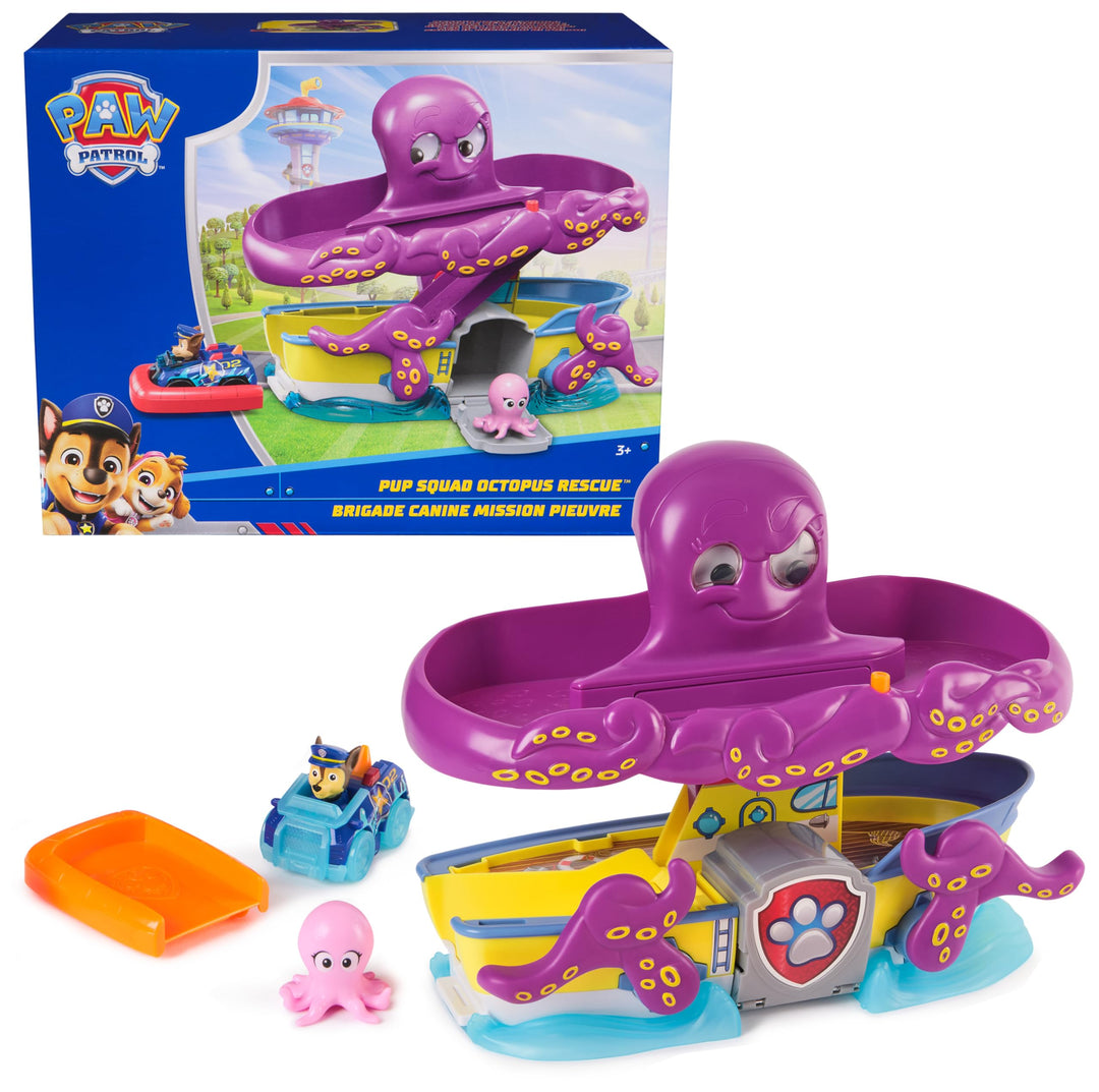 PAW PATROL Pup Squad - Oktopus Spielset mit Rennstrecke, Rampe, Chase Pup Squad Racer und Baby-Tinte