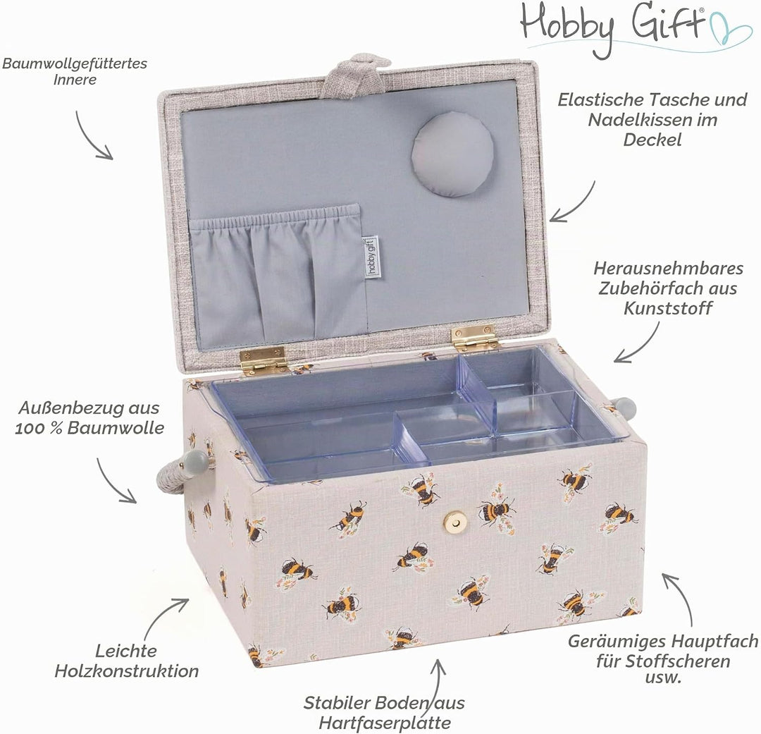 Hobby Gift MRME 87.1 Nähkästchen, Holz/Stoff, Gestickte Biene, 26 x 19 x 14.5cm, Gestickte Biene