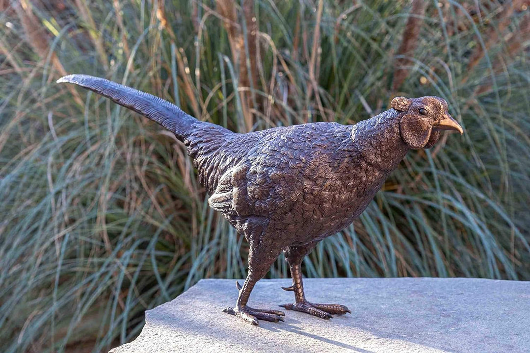 IDYL Bronze-Skulptur Fasan | 34x18x75 cm | Tierfigur aus Bronze handgefertigt | Gartenskulptur oder