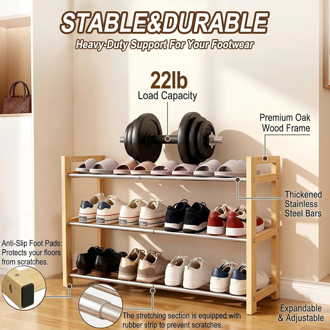LEMIKKLE Schuhregal Holz Eiche 3-stöckig, Erweiterbar Mit Edelstahl-Elementen, Ideal Für Enge Räume,