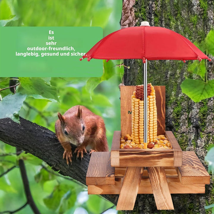 MIXXIDEA Eichhörnchen-Futterstation aus Holz mit Regenschirm, Eichhörnchen-Picknicktisch für drausse