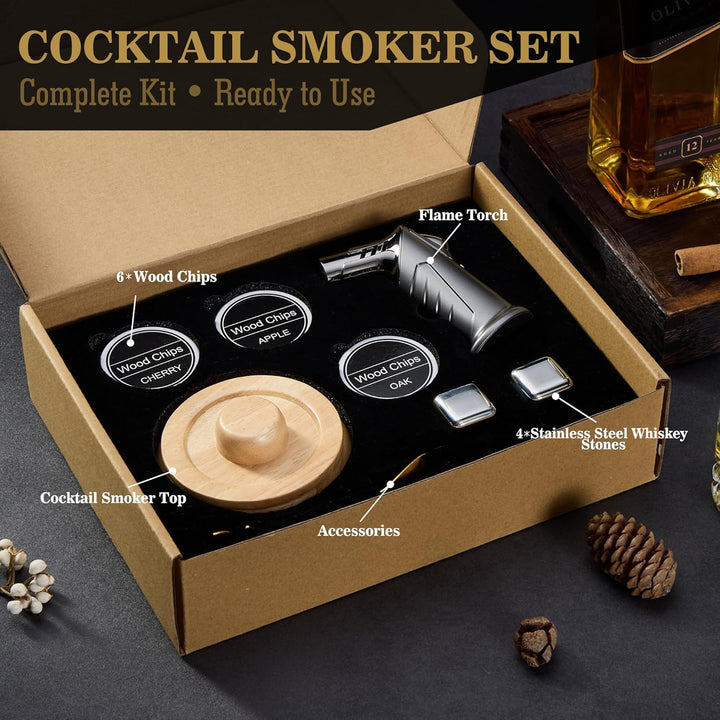Cocktail Smoker Set – Whisky Räucher-Set mit 6 Holzchips, 4 Edelstahl-Whisky-Steinen & Verbesserter