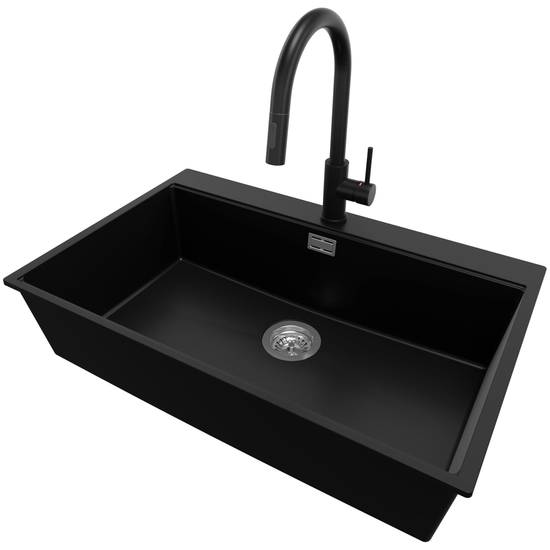 PRIMAGRAN Granitspüle Schwarz 78x50cm, Spülbecken 1 Becken + Ablauf-Set + Küchenarmatur 40x22cm, Küc