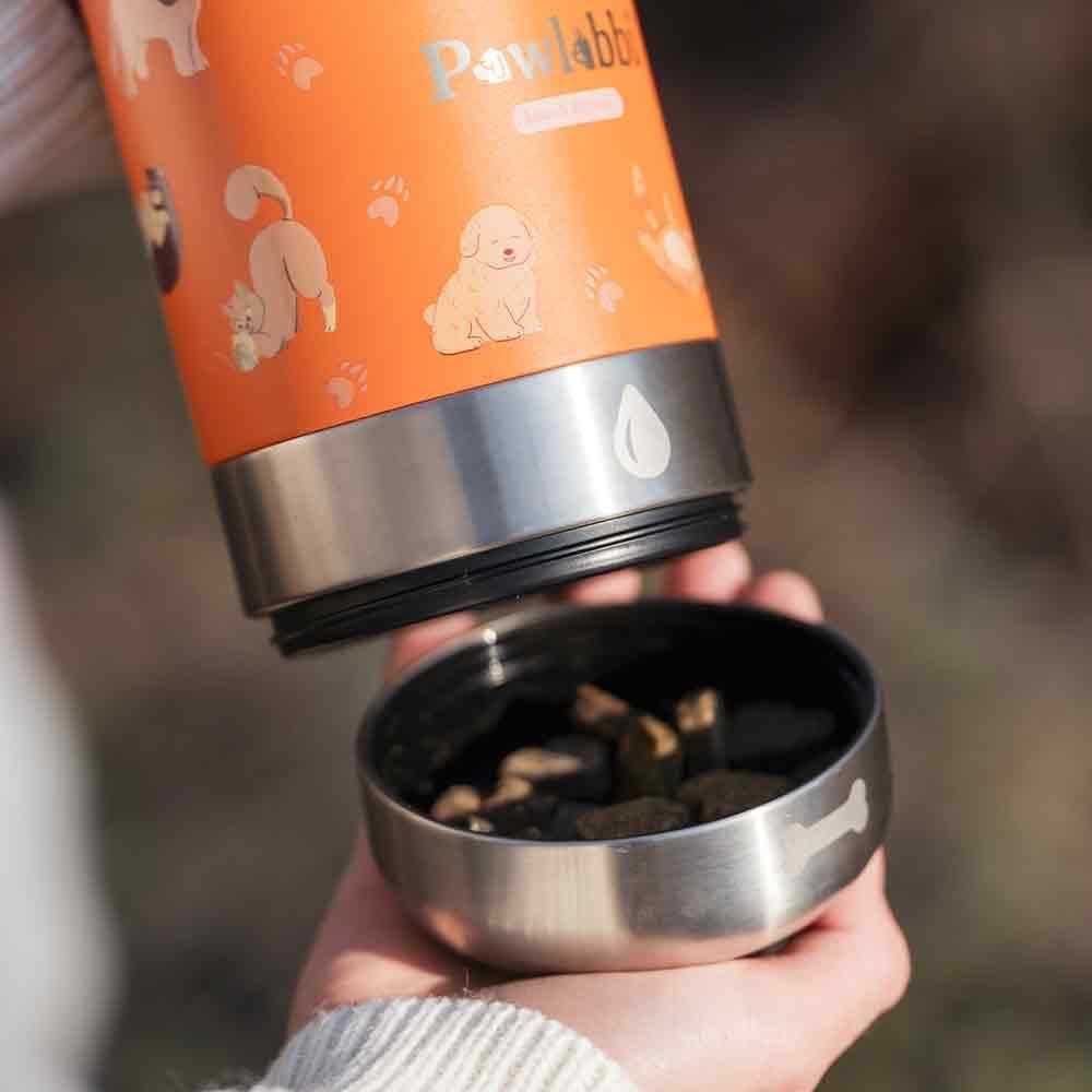 Pawbottle® Thermoflasche mit 2 Näpfen – Trinkflasche für Hunde &amp; Katzen (960 ml + 2×100 ml, Orange)