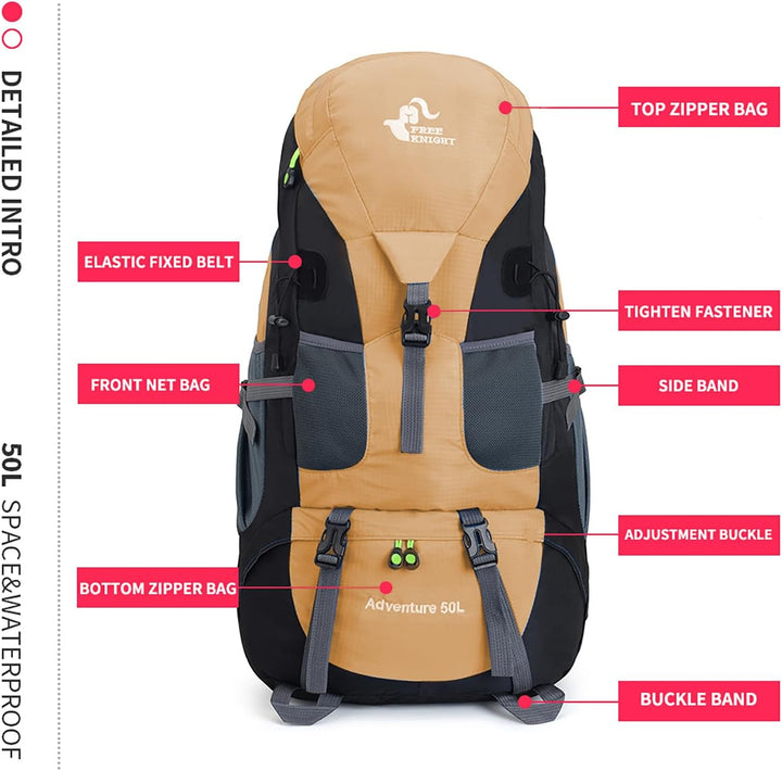 Bseash 50L Leichter wasserfester Wanderrucksack, Outdoor Sport Tagesrucksack Multifunktions Reisetas