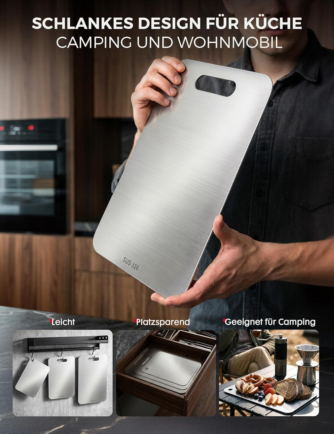 Titan Schneidebrett Set 3 Stück - S316 Edelstahl Schneidebrett, Titanium Cutting Board, Doppelseitig