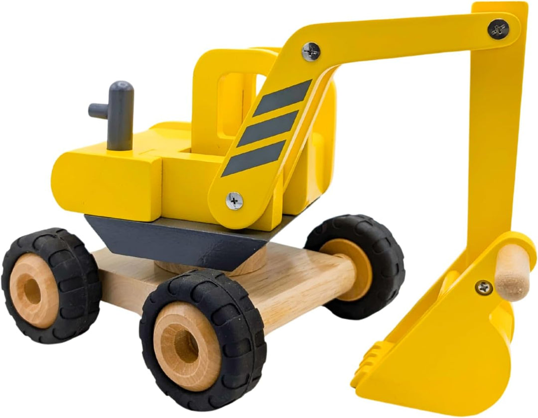 goki 55898 - Bagger aus Massivholz, Robustes Baufahrzeug mit beweglicher Schaufel und Gummireifen, g