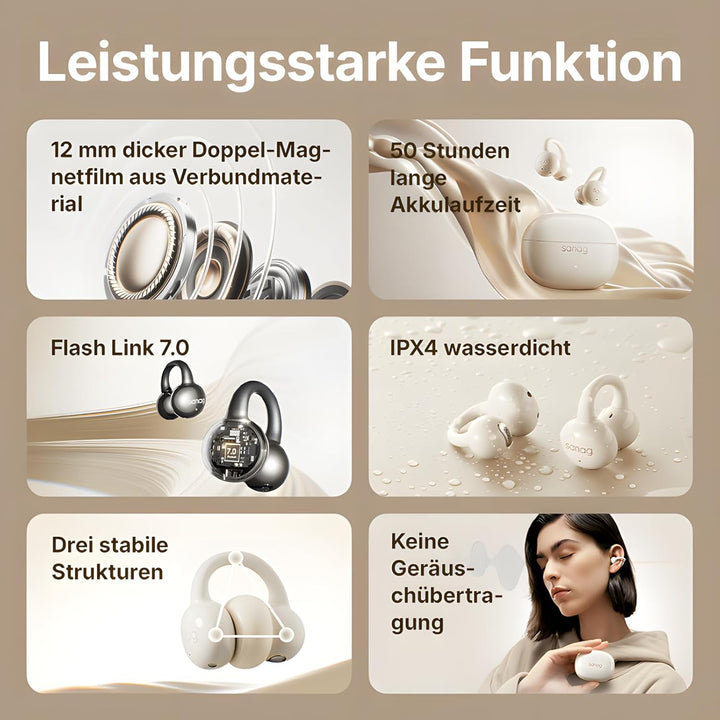 SANAG Open Ear Kopfhörer, Bluetooth 5.4 Sport Kopfhörer mit 50 Std. Spielzeit, Clip on Kopfhörer Beq