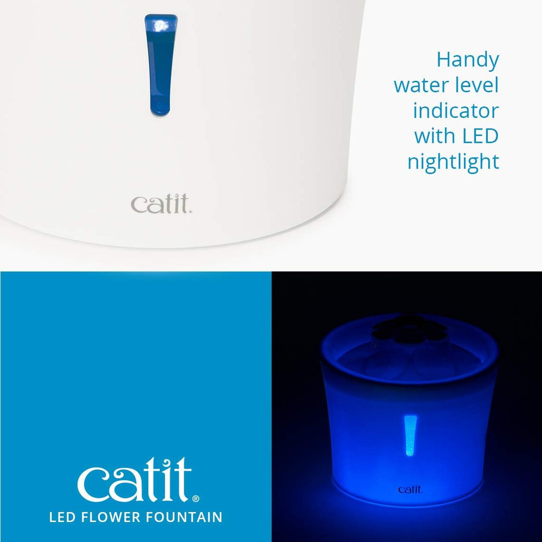 Catit 2.0 Flower Fountain, Blumentrinkbrunnen mit LED für Katzen, 3L, weiss/blau & 2.0 Triple Action