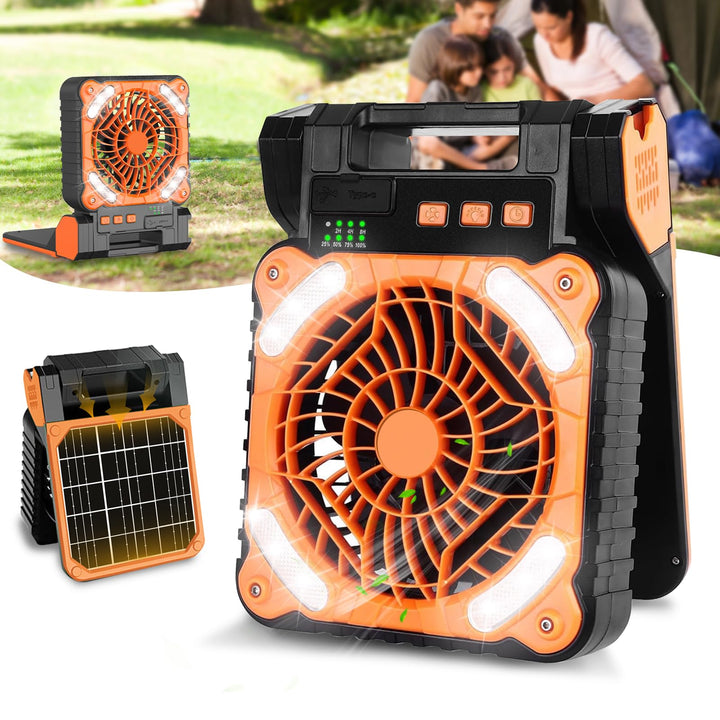 Camping Ventilator mit Akku 10400mAh, Solar Ventilator Outdoor mit LED-Licht, 4 Geschwindigkeiten Tr