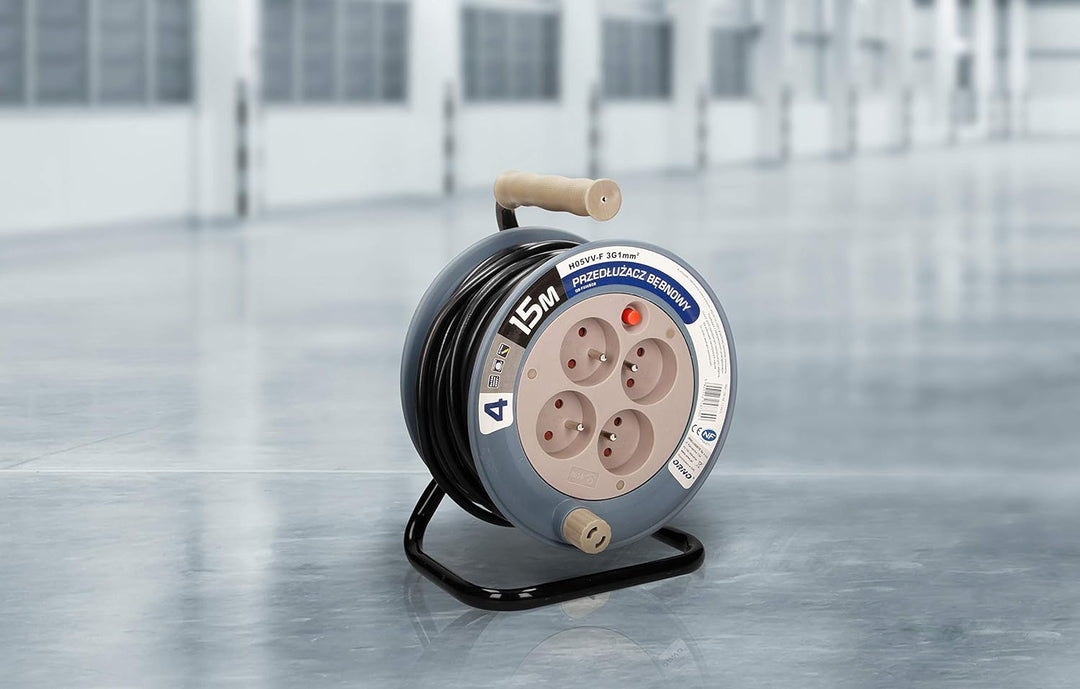 Orno AE-1339 Mini Kabeltrommel 15m mit 4 Steckdosen, Metallständer und Thermoschutz || 2300W / 10A,