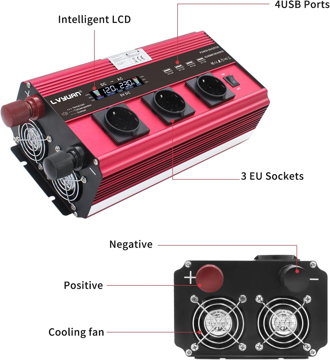 Wechselrichter 2500W / 5000W Spitze 12V 230V Spannungswandler | Fernbedienung | LCD | 4